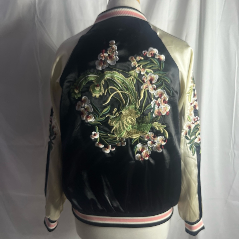 Elegant Satin Bomber Jacket in Black and Cream Reversible